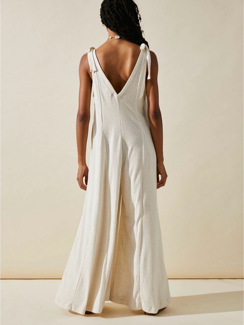 Free People Cream Tie-Shoulder V-Neck Wide-Leg Jumpsuit - Picture 2 of 2